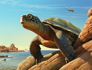 Turtle on the seashore. 3D rendered illustration.