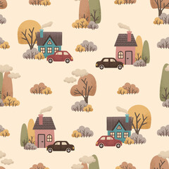 Autumn seamless pattern with houses, cars, bushes and trees. Colorful fall landscape background. Illustration for textile, fabric design, wallpaper, wrapping paper and other printing.  © Natalie Luff 