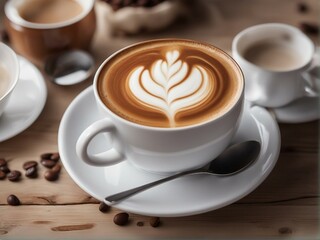 Obraz premium A overhead view of a cappuccino topped with foam art in a white ceramic mug on a wooden table. 