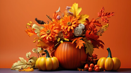 Naklejka na ściany i meble Beautiful autumn bouquet in pumpkin on warm color background. AI generated