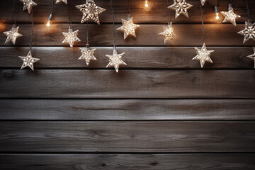 Fototapeta premium Christmas decoration on wooden background. Stars, lights, christmas balls. AI generated
