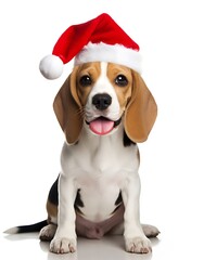 beagle dog wearing christmas hat and panting on white background