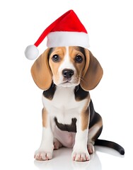 beagle dog in christmas hat  isolated on white background.