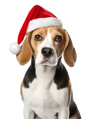 Beagle dog with christmas hat looking at camera isolated on white background