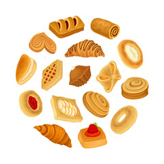 Baked Product Round Composition Design with Sweet Bun and Pastry Vector Template