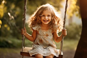 A beautiful smiling little girl is swinging on a swing. Generative AI