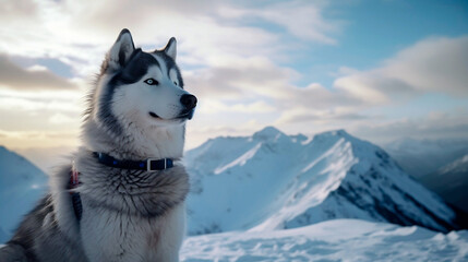 Imposing Siberian Husky watching the icy mountains.