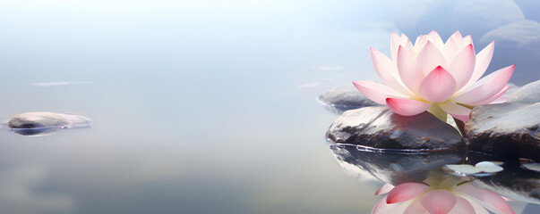 arrière-plan zen avec eau, fleur de lotus, nénuphars - format panoramique