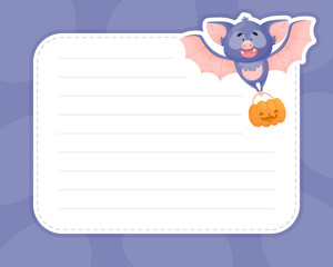 Note Card with Funny Purple Bat Character Vector Template