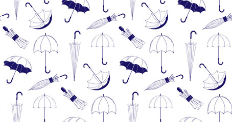 Seamless pattern with umbrellas in outline style. Linear illustration of umbrellas in different positions and different shapes. Vector linear illustration on a white isolated background. © Яна 