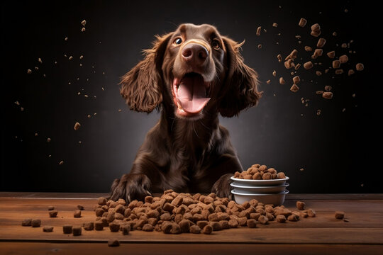 A happy adorable dog willing to eat dog food sitting on a chair. Generative AI