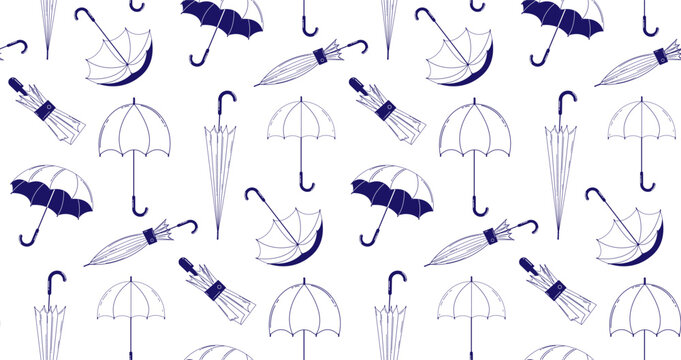 Seamless pattern with umbrellas in outline style. Linear illustration of umbrellas in different positions and different shapes. Vector linear illustration on a white isolated background.