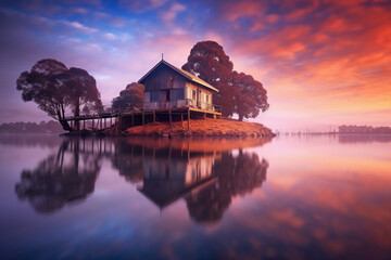 Obraz premium Beautiful sunrise over a lake with wooden house.