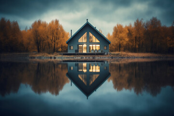 Fototapeta premium Beautiful sunrise over a lake with wooden house.