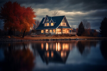 Obraz premium Beautiful sunrise over a lake with wooden house.
