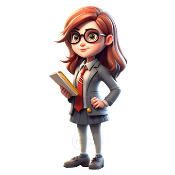 Illustration of a young school girl with glasses and book on white background