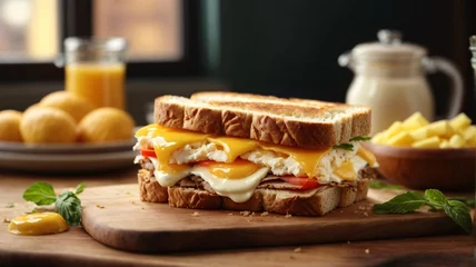 Zelfklevend Fotobehang sandwich with mixed ingredients and french fries on a wooden board © saktiyudha