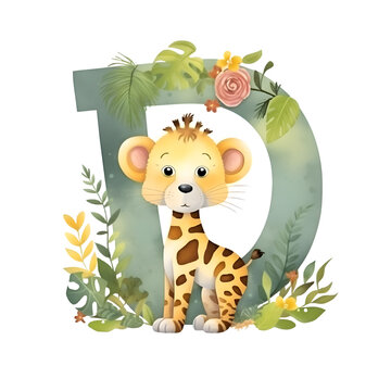 Font design for the letter T with a cute cartoon tiger and flowers