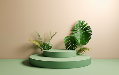 3d podium background with tropical leaves render image