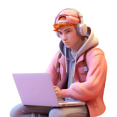 3d Freelancer using laptop for work, Focused Freelancer Working Remotely with Laptop, 3d Freelancer character render, Freelancer doing video editing wearing headphones isolated on transparent png BG