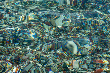 Image of the water surface of the sea in green tones that are clear to see the bottom underwater, texture background, copy space