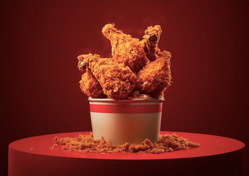 Crispy fried chicken bucket realistic image with red podium background