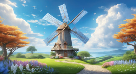 Renewable Energy Amidst Lush Green Landscape and Flowering Plants