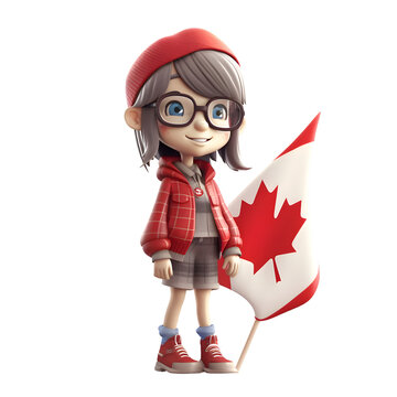 3D Render of a Little Girl with Canada Flag on White Background