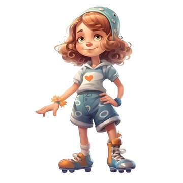 Cute little girl with roller skates. Cartoon vector illustration.