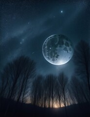 Fototapeta na wymiar Enchanted Night: Full Moon and Stars in Pine Forest