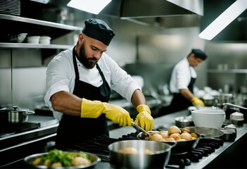 Bustling kitchen with line cook preparing food while wearing gloves