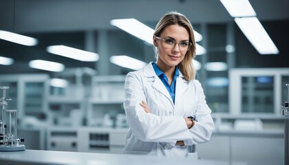 Young woman scientist in white coat and glasses with team of specialists in modern medical laboratory with copyspace