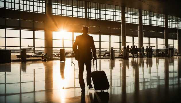 Silhouette of male passenger waiting for flight at airport during sunset