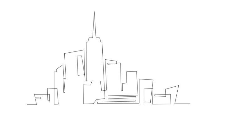 recommend clip art: City landscape continuous one line. Single line cityscape. Downtown landscape with skyscrapers. Architectural panorama. Hand drawn sketch with urban silhouettes, city, skyscraper, building. Vector