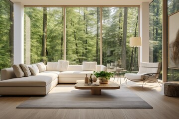 a living room in the forest with white furniture Generative AI