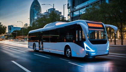 Sleek and ultra-modern self-driving autonomous electric bus on city street with neon lights and motion blur