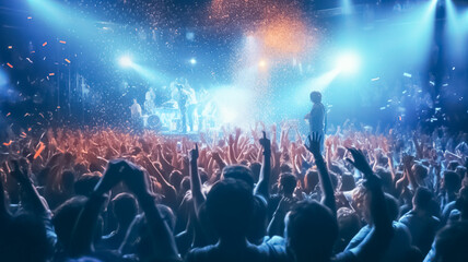Rock concert, live, party, music festival, night club crowd cheering, stage lights and confetti falling. The crowd in a concert. 

