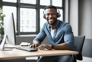 Smiling African man in headset working at computer and looking at camera, customer service