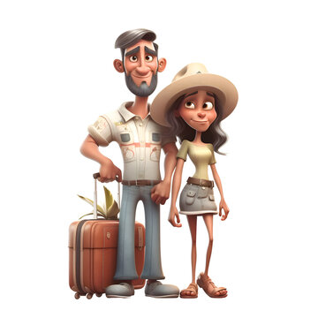 3d illustration of a man and a woman on vacation with a suitcase