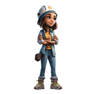 3D Render of Cartoon Motorcyclist girl with helmet and backpack