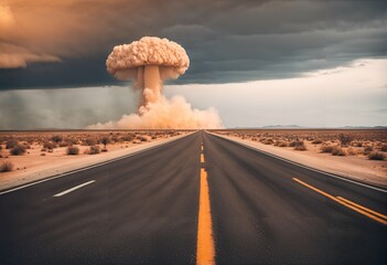 Asphalt road to nuclear explosion - terrible atomic blast, mushroom cloud, radioactive dust, hydrogen bomb test, nuclear catastrophe, way to war
