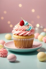 Delicious cupcakes on table on soft pastel background