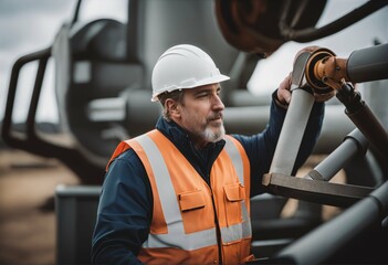 Wind turbine installation checked by skilled worker in safety gear