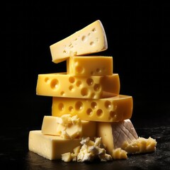 Delicious Pieces of Cheese on Black Background