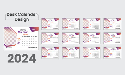 Set of 2024 bundle Desk calender planner design template with place for photo company logo. Vector layout of a  desk simple calendar with week start sunday. Calendar in orange grey and purple color.