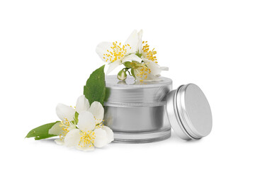 Jars of cosmetic products with beautiful jasmine flowers isolated on white background