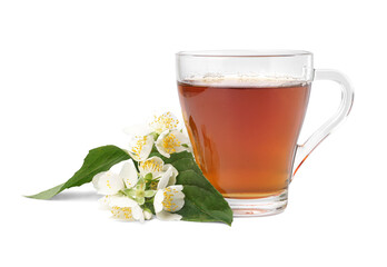 Cup of tasty tea and beautiful jasmine flowers on white background