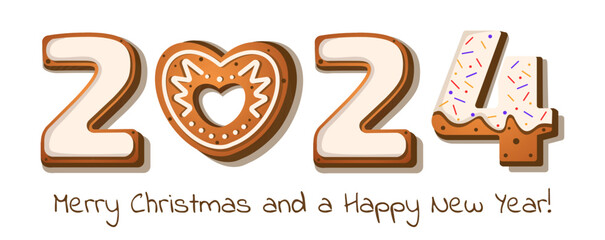 gingerbread cookies in the form of numbers 2024 in cartoon style on a white background