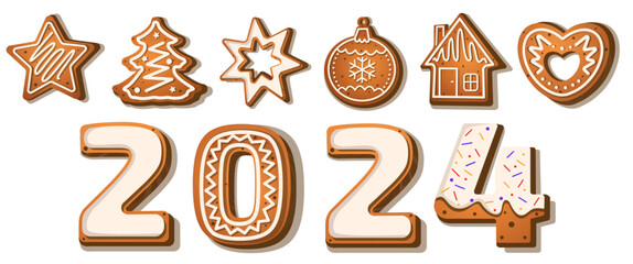 Numerals and New Year's toys in the form of gingerbread: a gingerbread house, stars, snowflakes and a 2024. drawn in cartoon vector style
