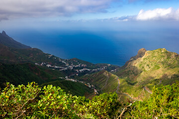 Landscape of Anaga Mountains and coastal village at Tenerife, Canary Islands, Spain